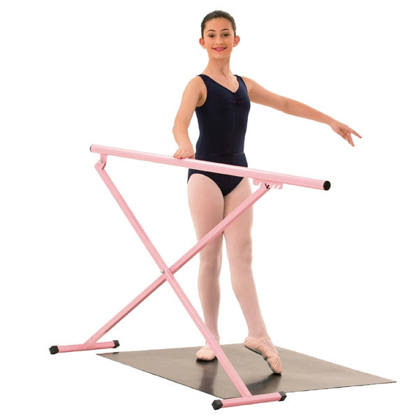 Ballerina using a pink balance beam on a white background