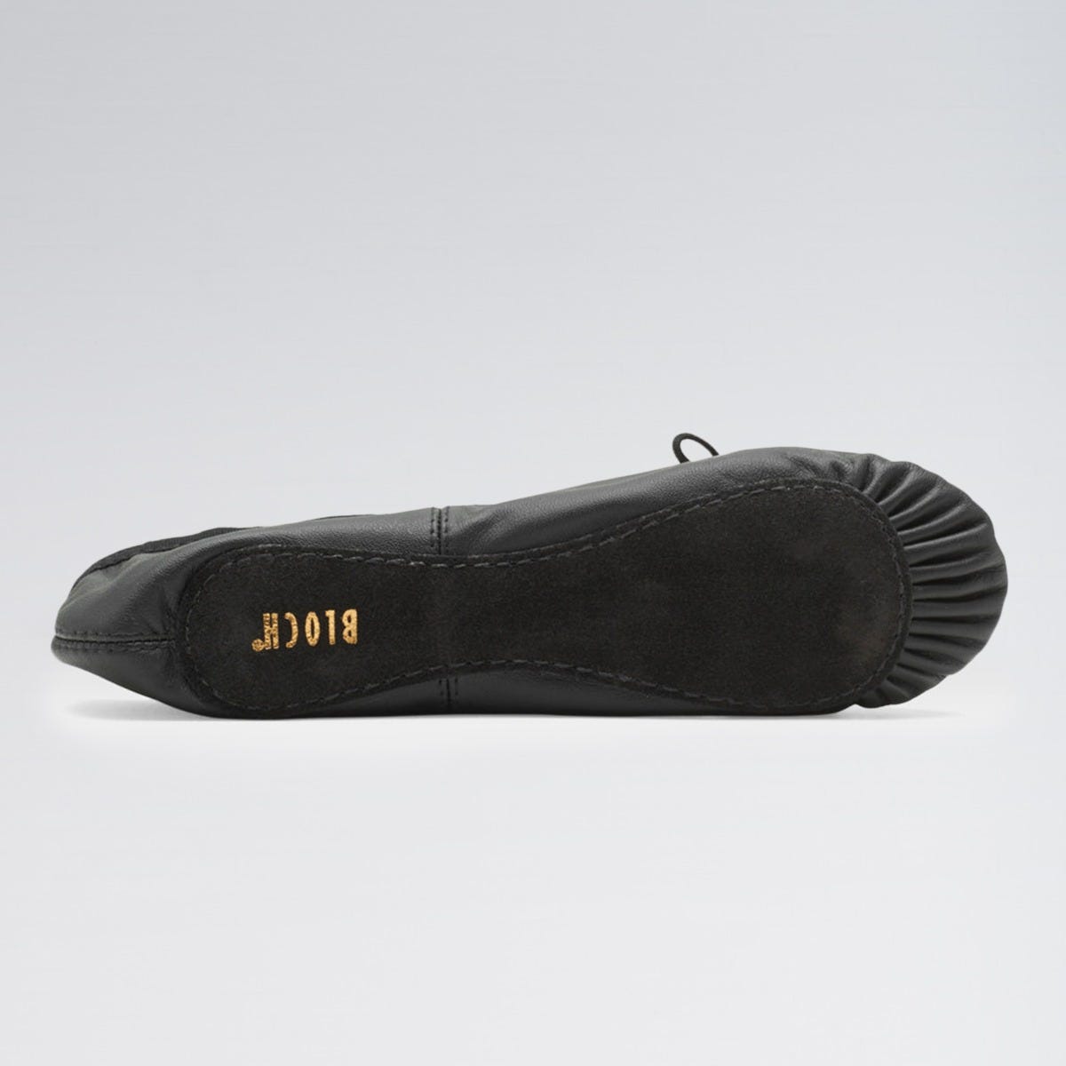 Black ballet shoe with 'BLOCH' branding on a light gray background