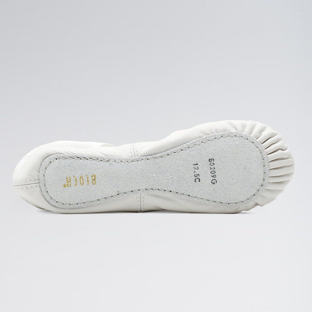 White ballet shoe sole with brand name on a light gray background