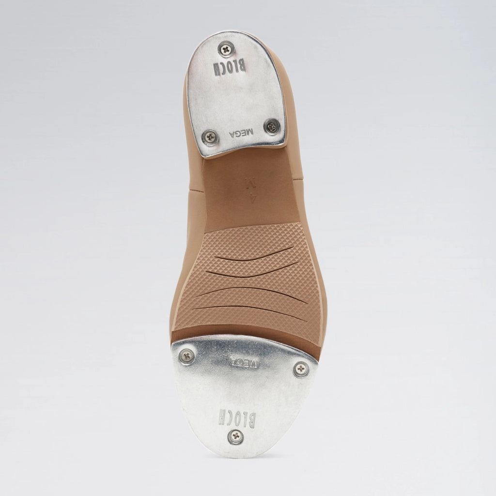 Close-up of a tan tap shoe sole with metal taps on a white background