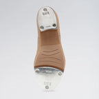 Close-up of a tan tap shoe sole with metal taps on a white background