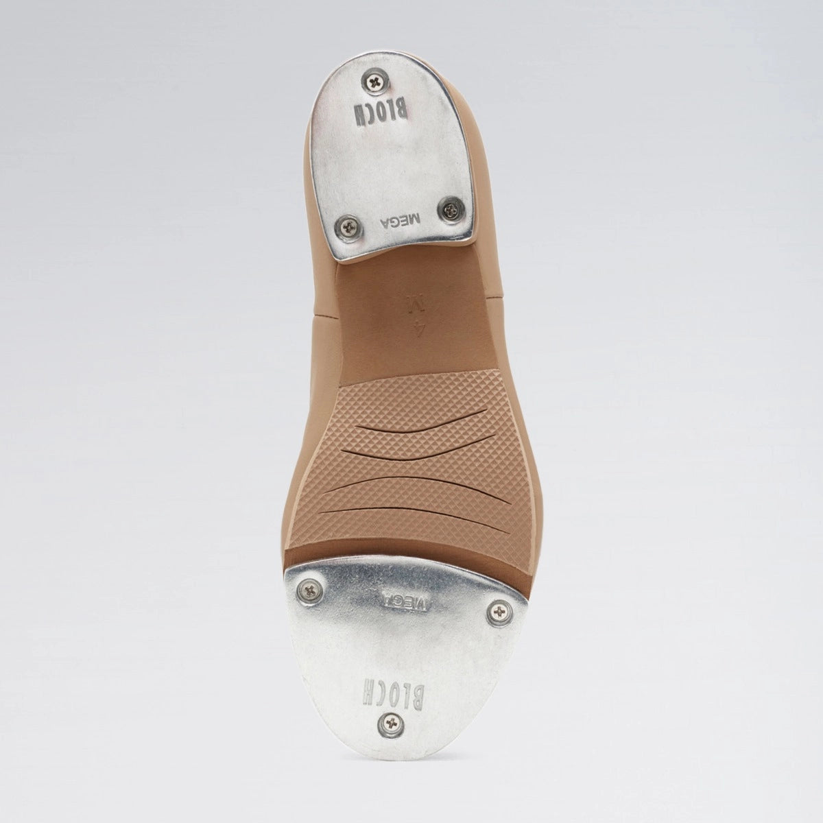 Close-up of a tan tap shoe sole with metal taps on a white background