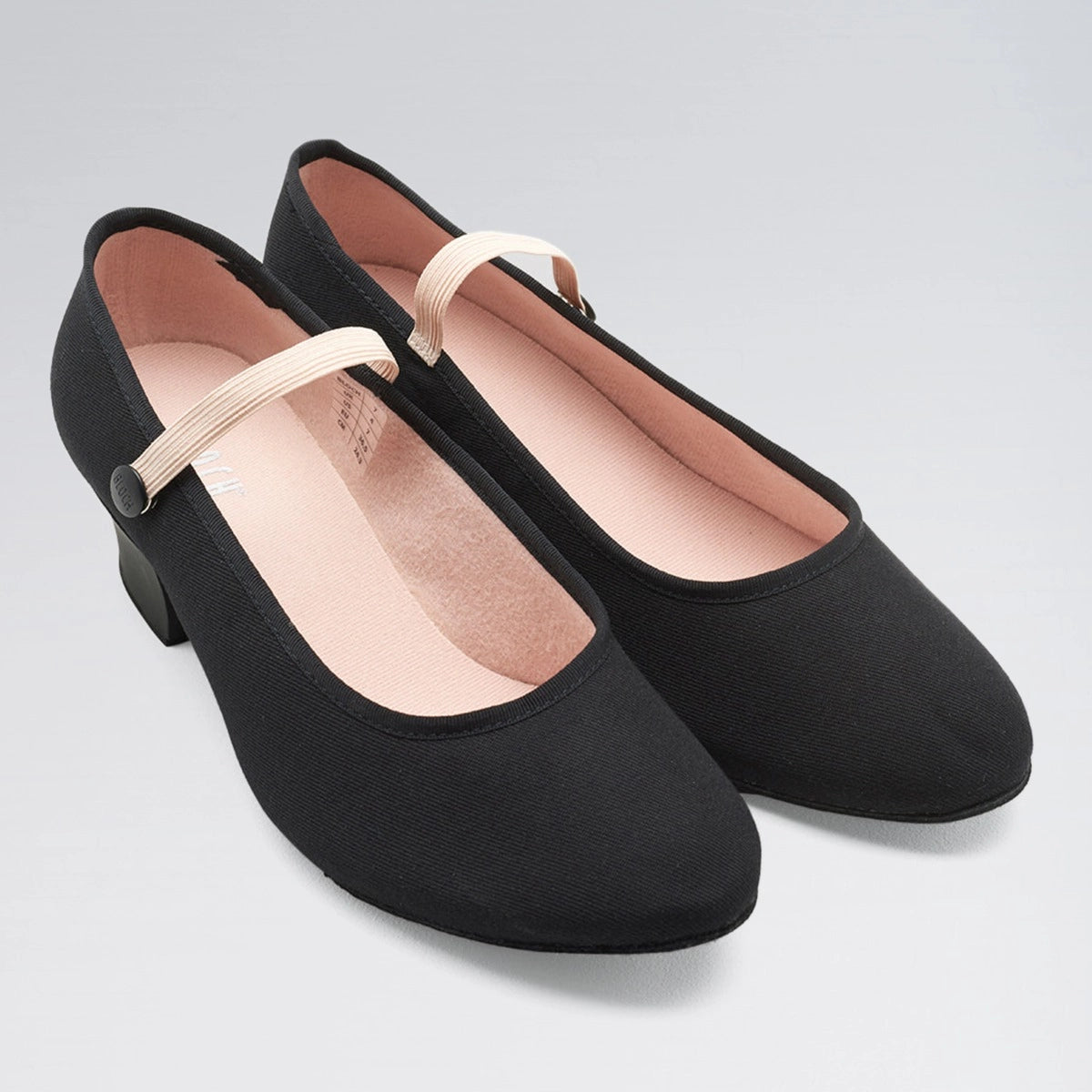 Black shoes with a strap on a light gray background