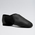 Black leather dance shoe on a light gray background