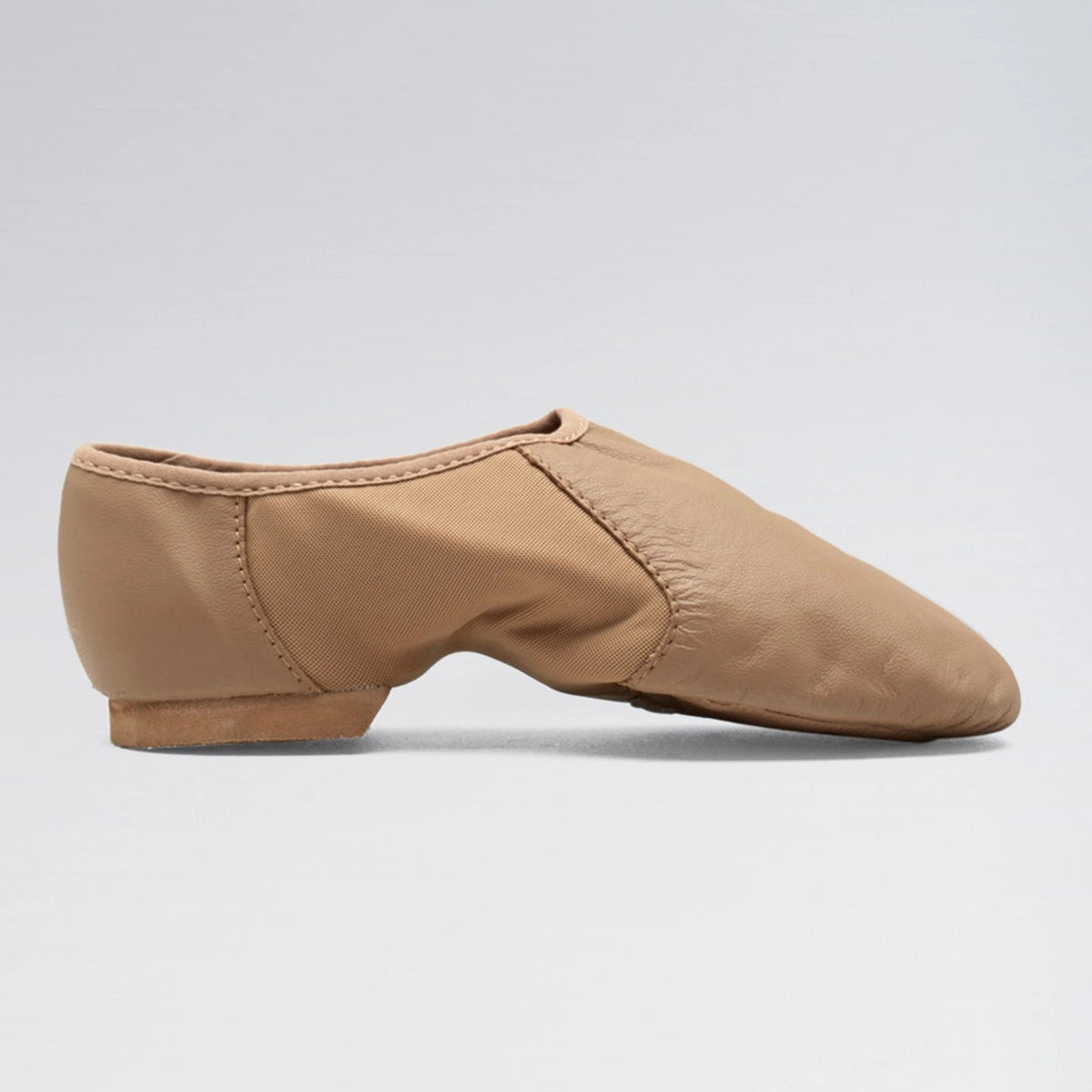 Tan ballet shoe on a light gray background