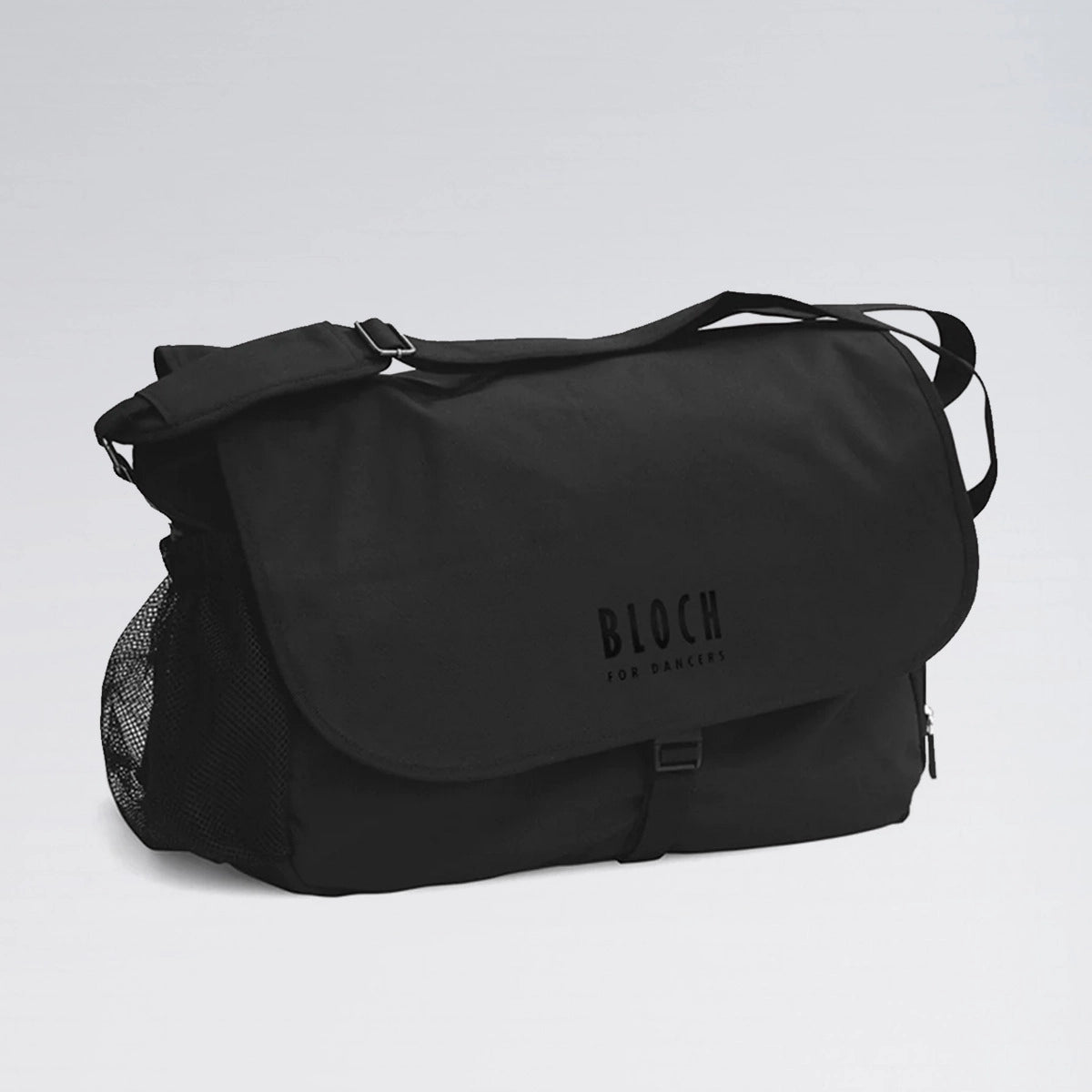 Black messenger bag with 'BLOCH' branding on a light gray background