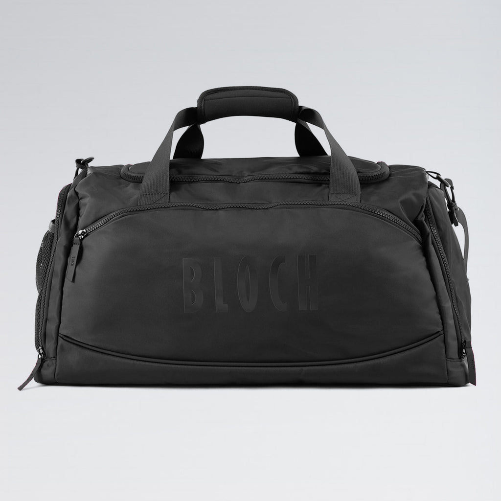 Black duffel bag with 'BLOCH' branding on a light gray background