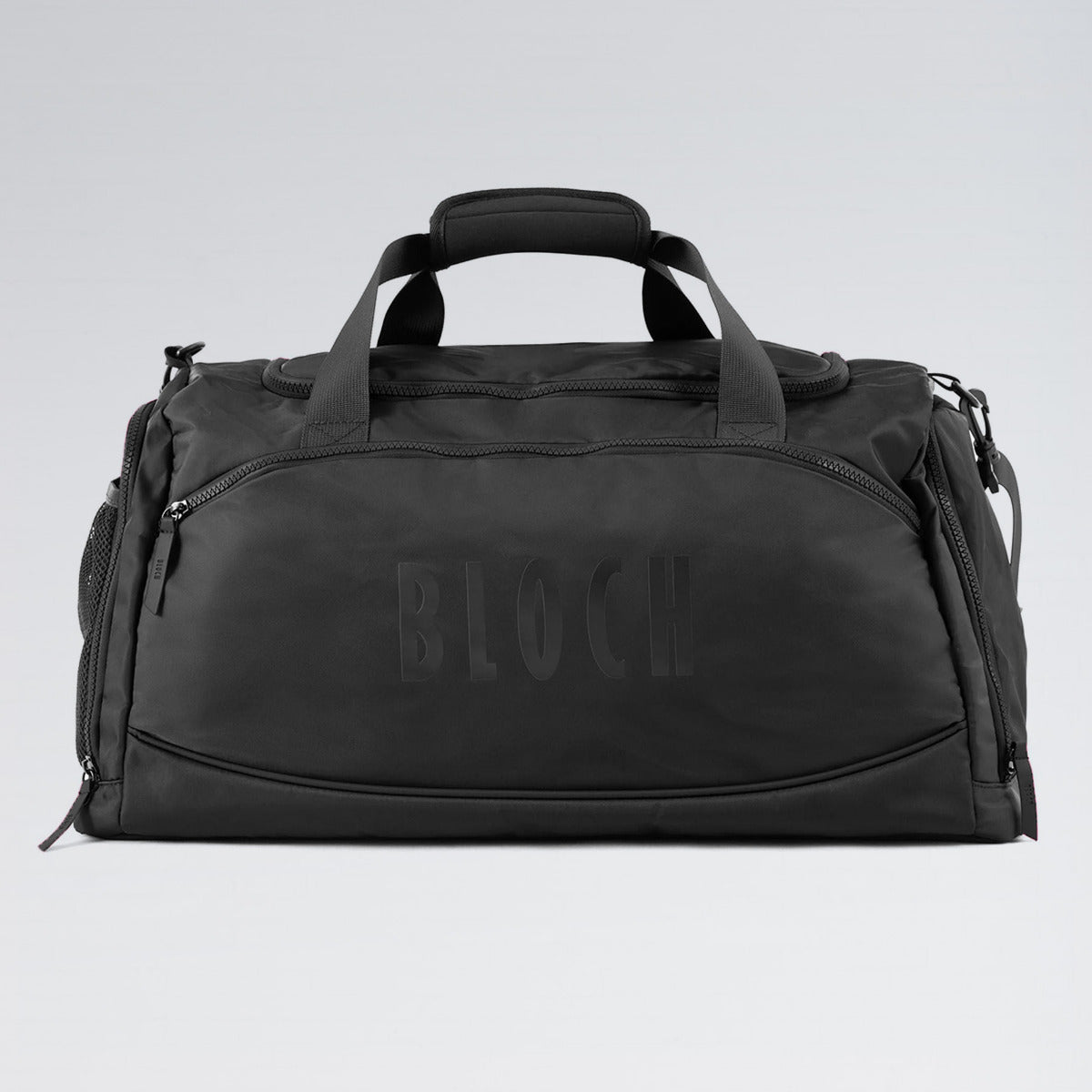 Black duffel bag with 'BLOCH' branding on a light gray background