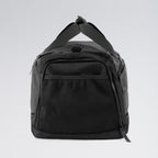 Black duffel bag on a light gray background