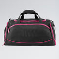 Black duffel bag with pink accents on a gray background