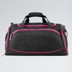 Black duffel bag with pink accents on a gray background