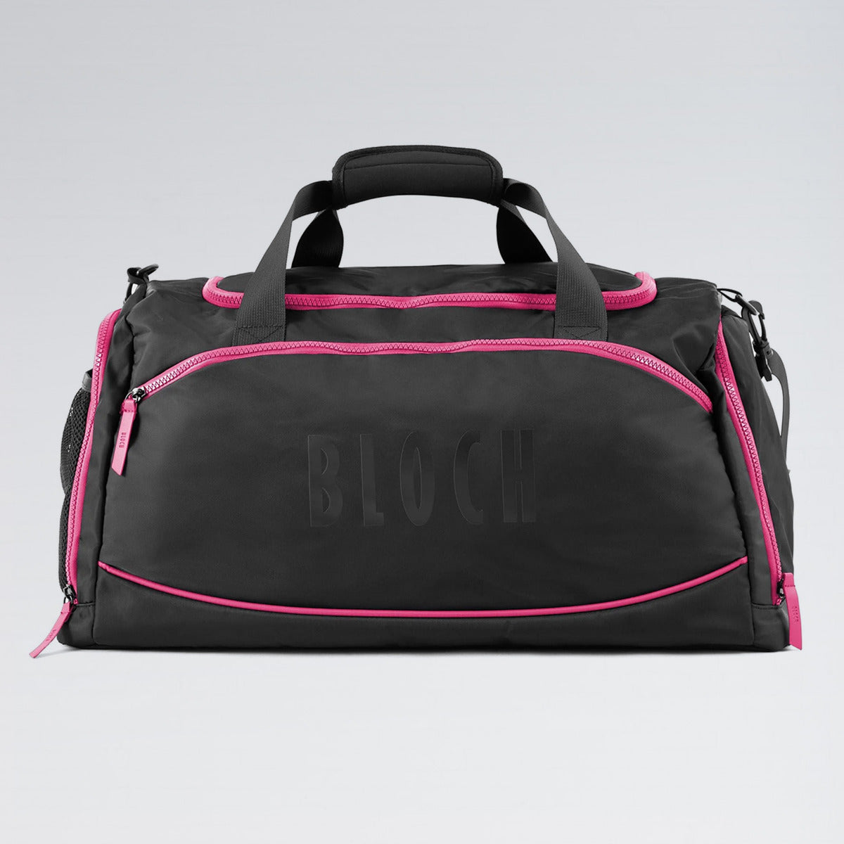 Black duffel bag with pink accents on a gray background
