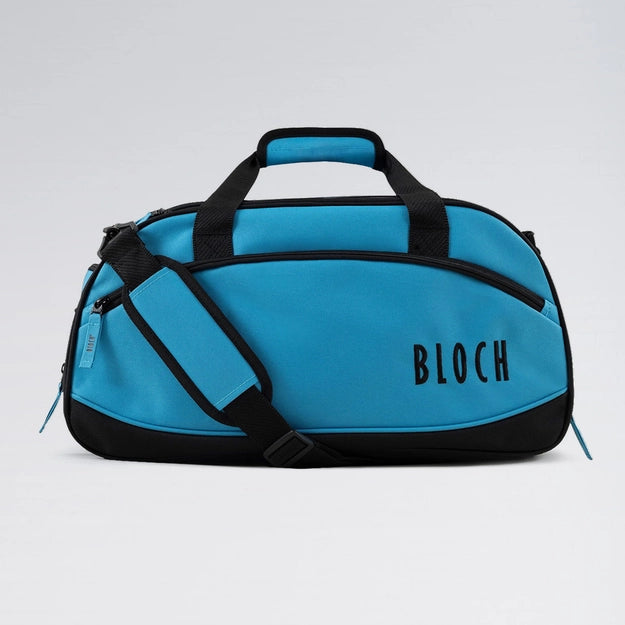 Blue duffel bag with black accents and 'BLOCH' branding on a light gray background