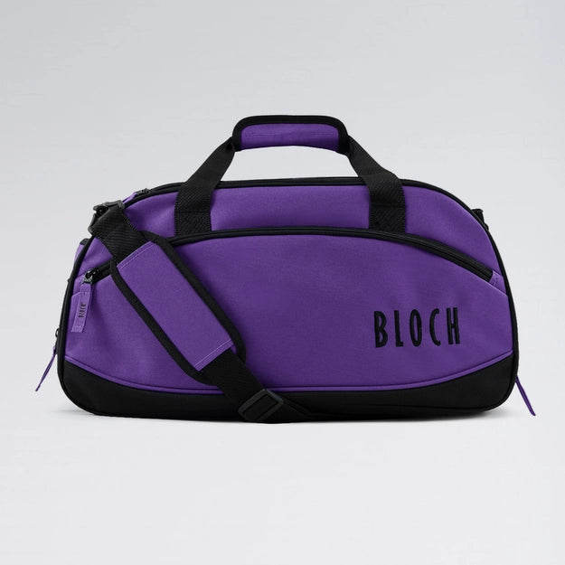 Purple duffel bag with black accents and 'BLOCH' branding on a light gray background