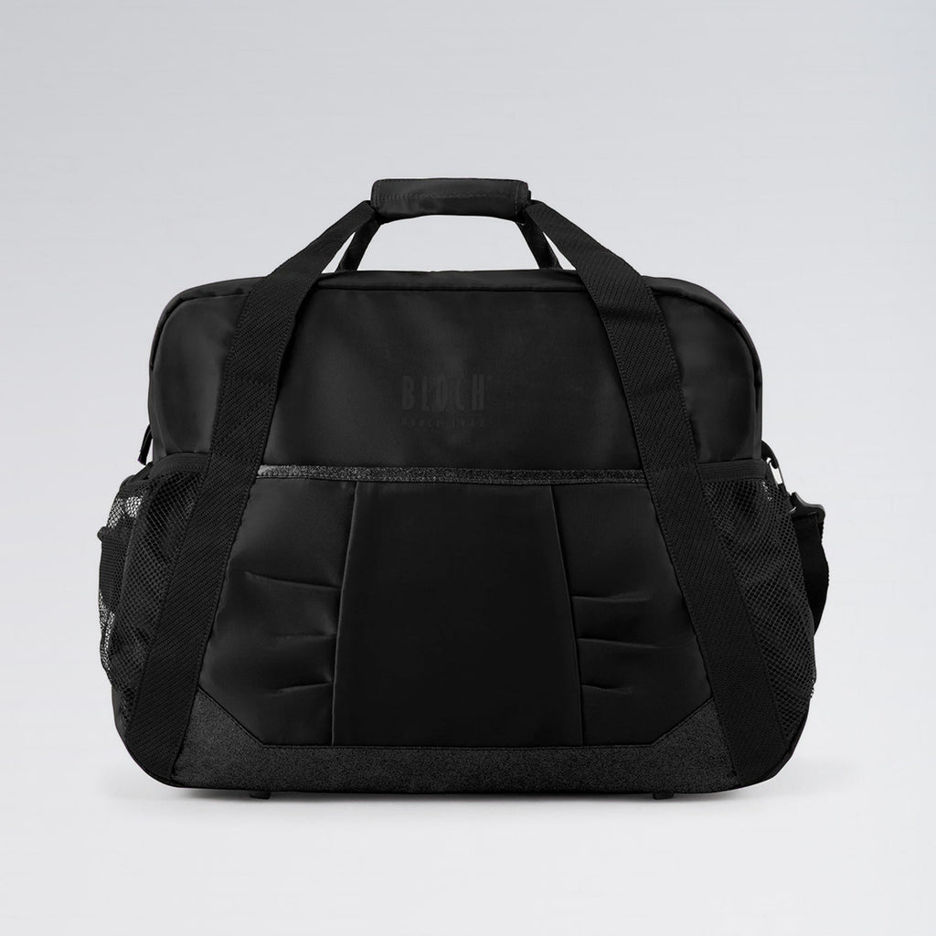 Black duffel bag with 'Bloch' branding on a light gray background