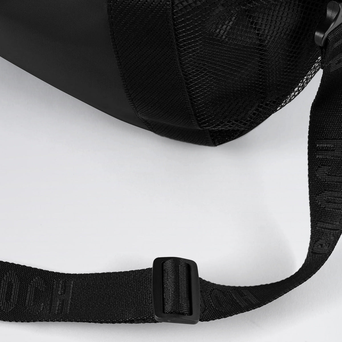 Close-up of a black bag with a strap on a white background