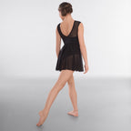 1st Position mesh sweetheart skirted leotard with off-the-shoulder cap sleeves black