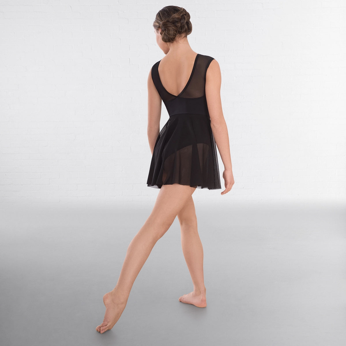 1st Position mesh sweetheart skirted leotard with off-the-shoulder cap sleeves black