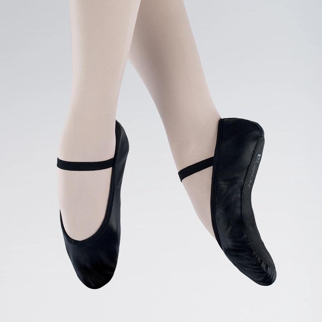 1st Position black leather full sole ballet shoes with pre-sewn elastic and drawstring fit for ballet classes, exams and performances
