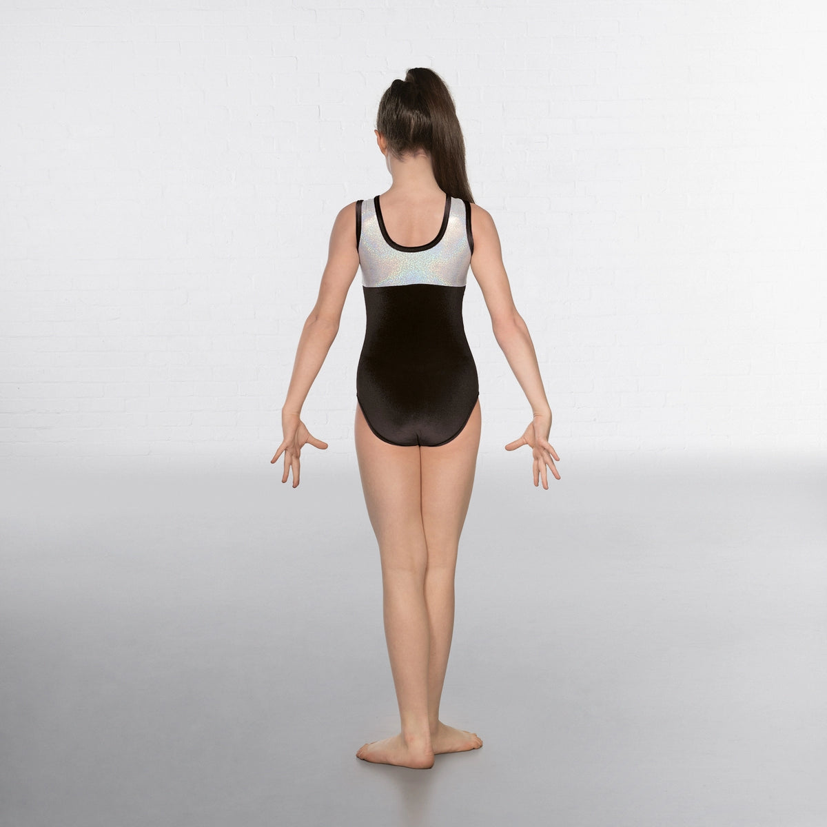 1st Position hologram and velour short sleeve gymnastics leotard
