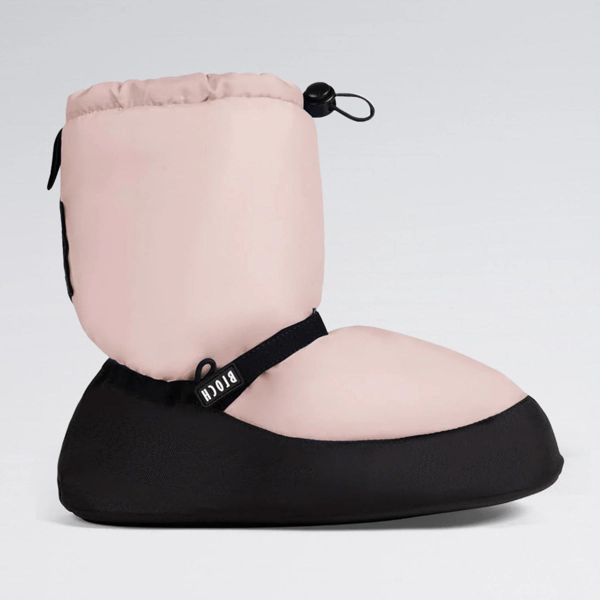Pink and black foot warmer with drawstring on a light gray background