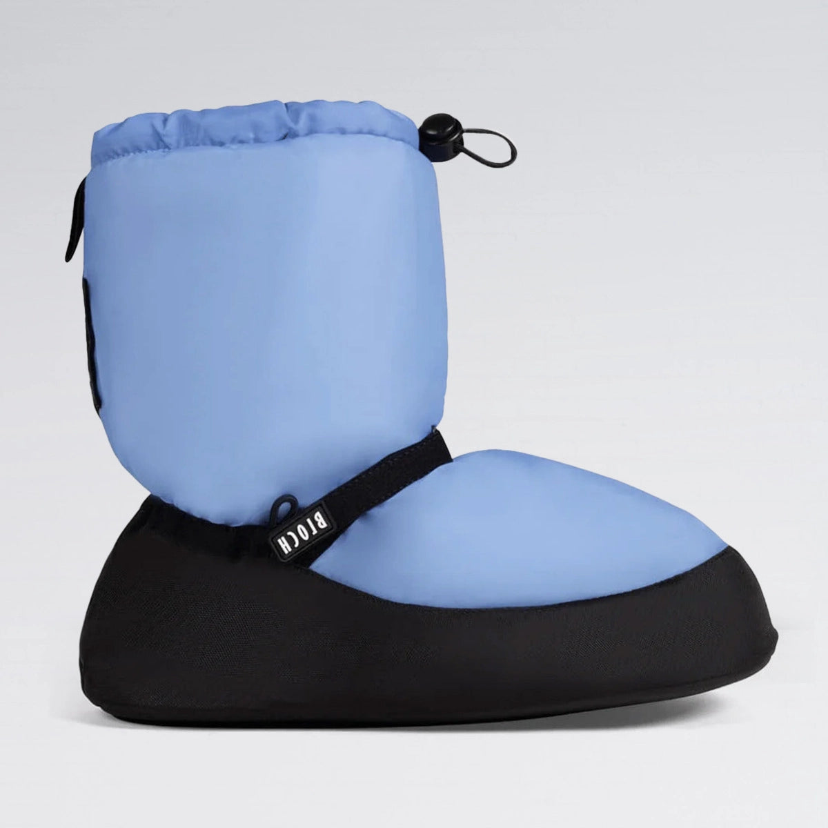 Blue and black booties with drawstring on a light gray background