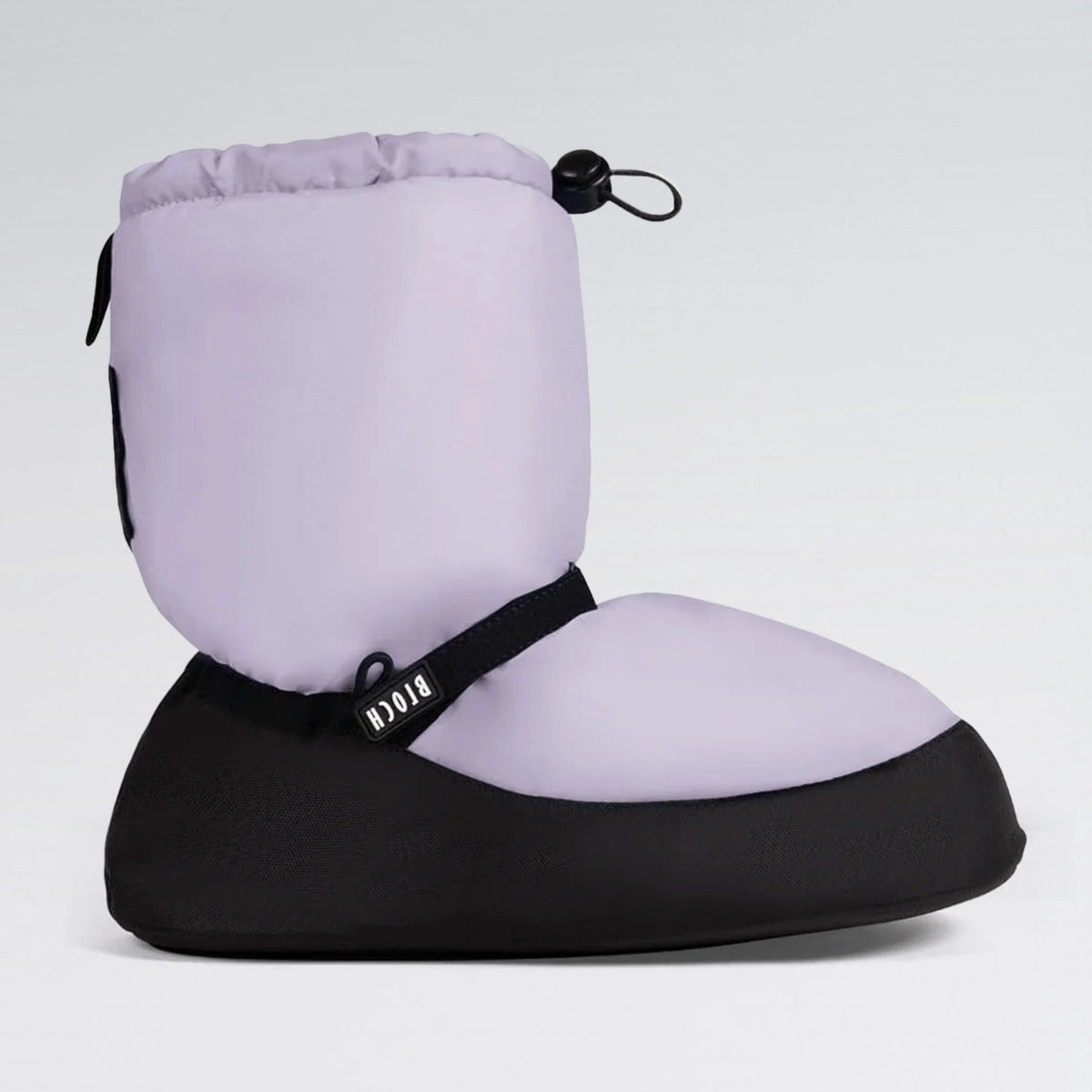 Purple and black booties with drawstring on a light gray background
