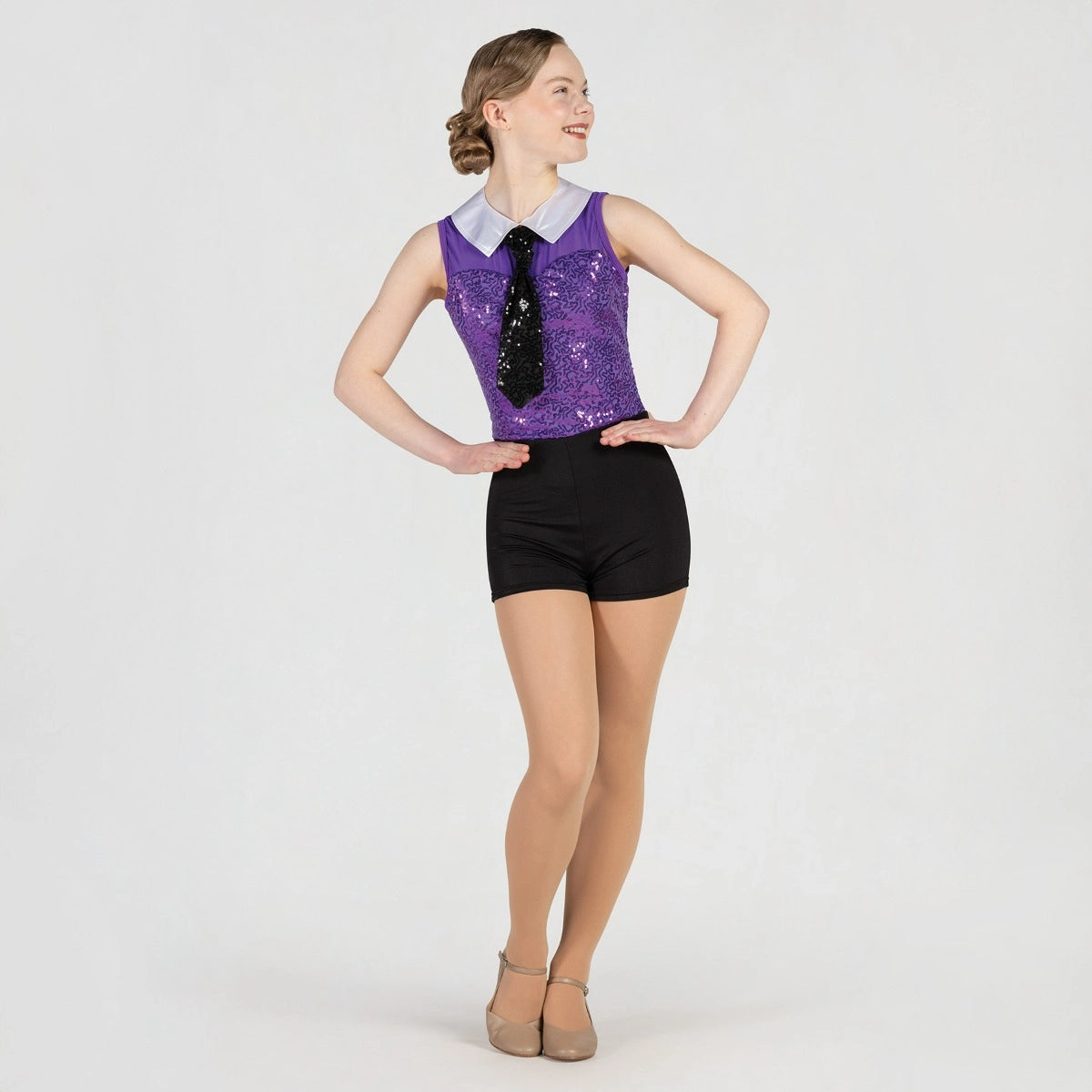 1st Position sequin mesh topped showbiz unitard with attached shorts