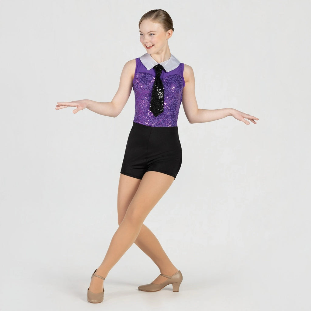 1st Position sequin mesh topped showbiz unitard with attached shorts