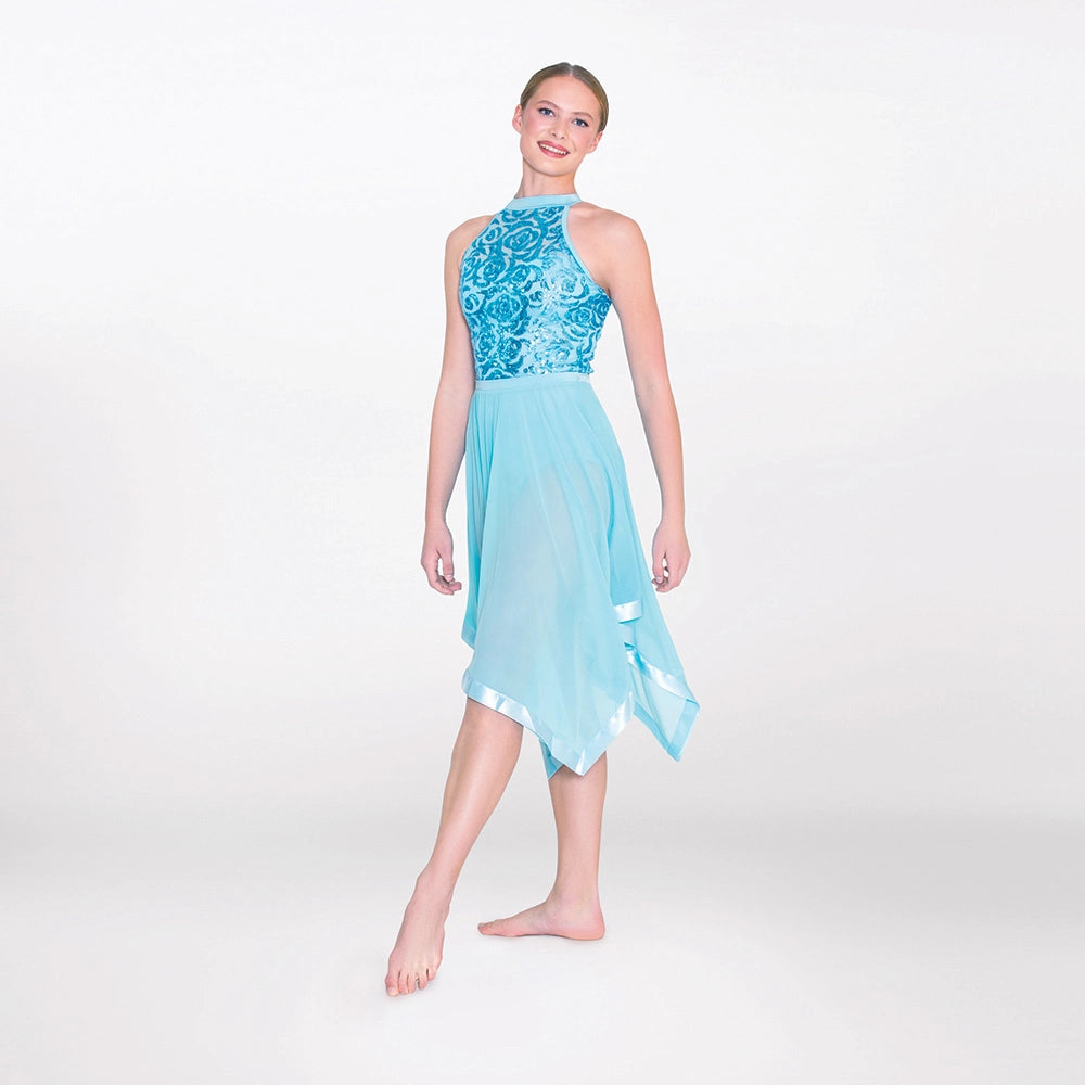 1st Position halterneck lyrical dance dress with sequin bodice and handkerchief skirt in blue