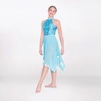 1st Position halterneck lyrical dance dress with sequin bodice and handkerchief skirt in blue