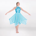 1st Position halterneck lyrical dance dress with sequin bodice and handkerchief skirt in blue