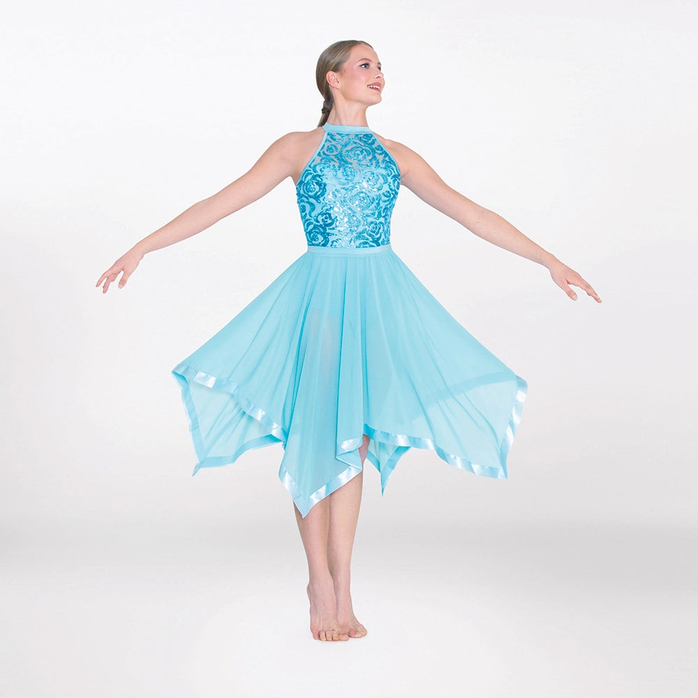 1st Position halterneck lyrical dance dress with sequin bodice and handkerchief skirt in blue