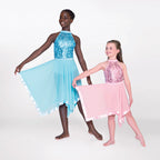 1st Position halterneck lyrical dance dress with sequin bodice and handkerchief skirt in blue and pink