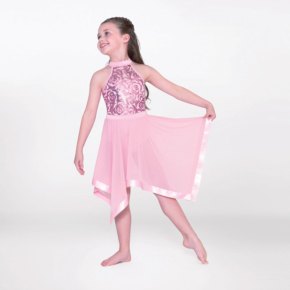 1st Position halterneck lyrical dance dress with sequin bodice and handkerchief skirt in pink