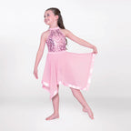 1st Position halterneck lyrical dance dress with sequin bodice and handkerchief skirt in pink