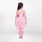 1st Position halterneck lyrical dance dress with sequin bodice and handkerchief skirt in pink