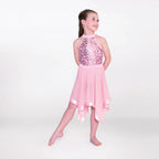 1st Position halterneck lyrical dance dress with sequin bodice and handkerchief skirt in pink
