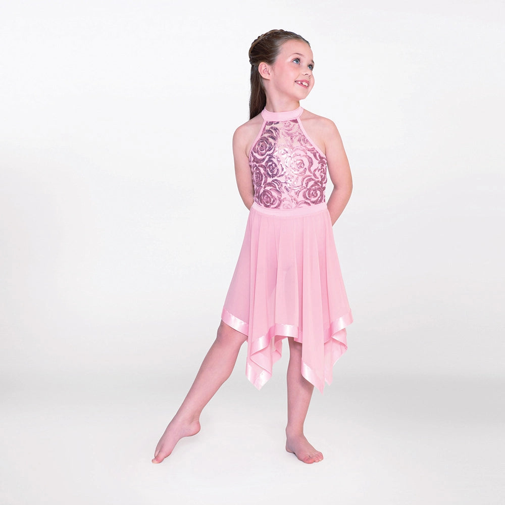1st Position halterneck lyrical dance dress with sequin bodice and handkerchief skirt in pink