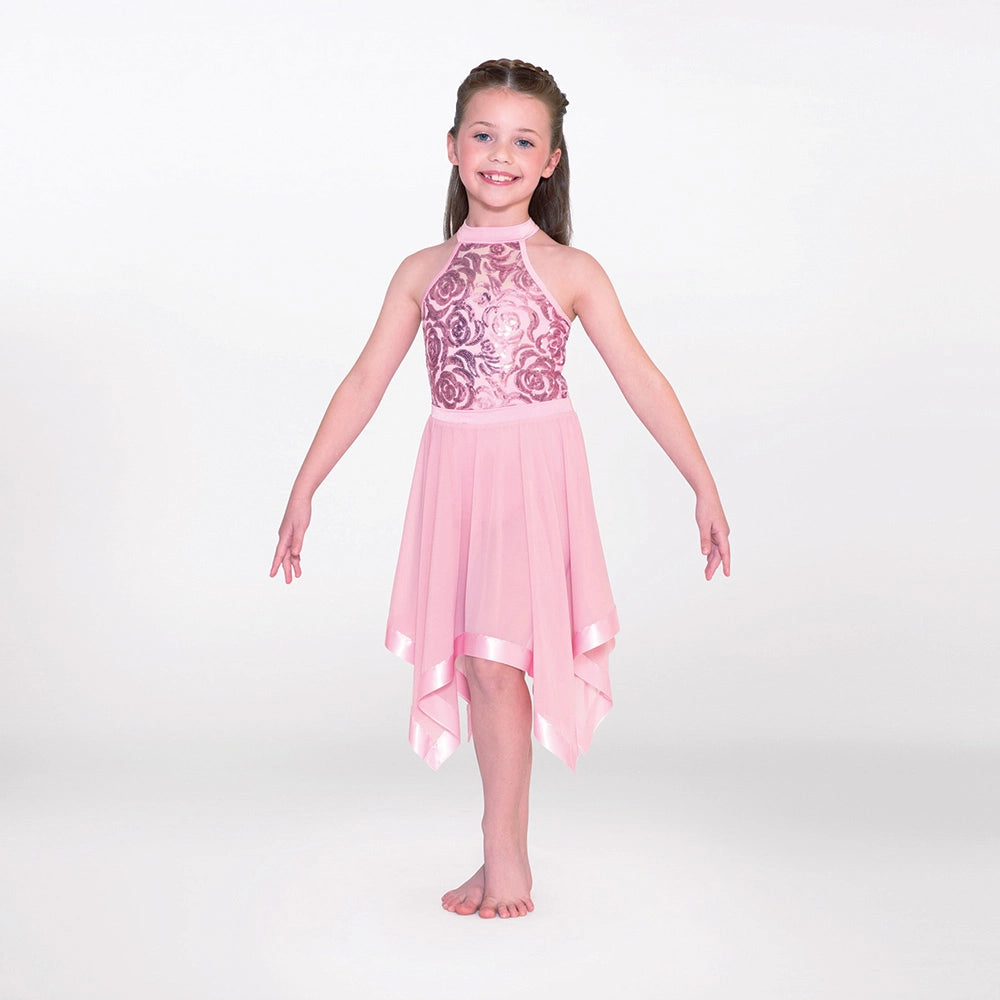 1st Position halterneck lyrical dance dress with sequin bodice and handkerchief skirt in pink