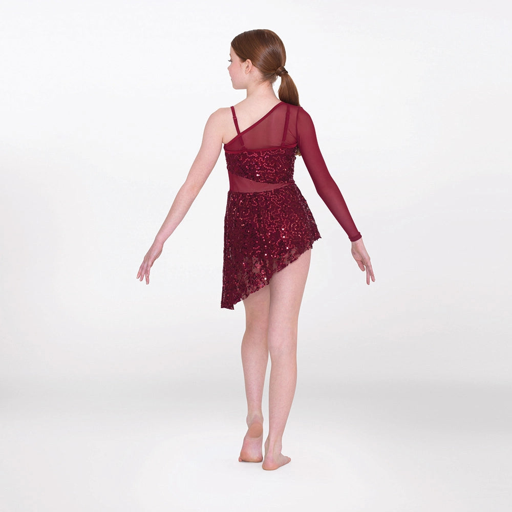1st Position asymmetric sequin lyrical unitard with lace and mesh panels in burgundy 