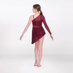 1st Position asymmetric sequin lyrical unitard with lace and mesh panels in burgundy 