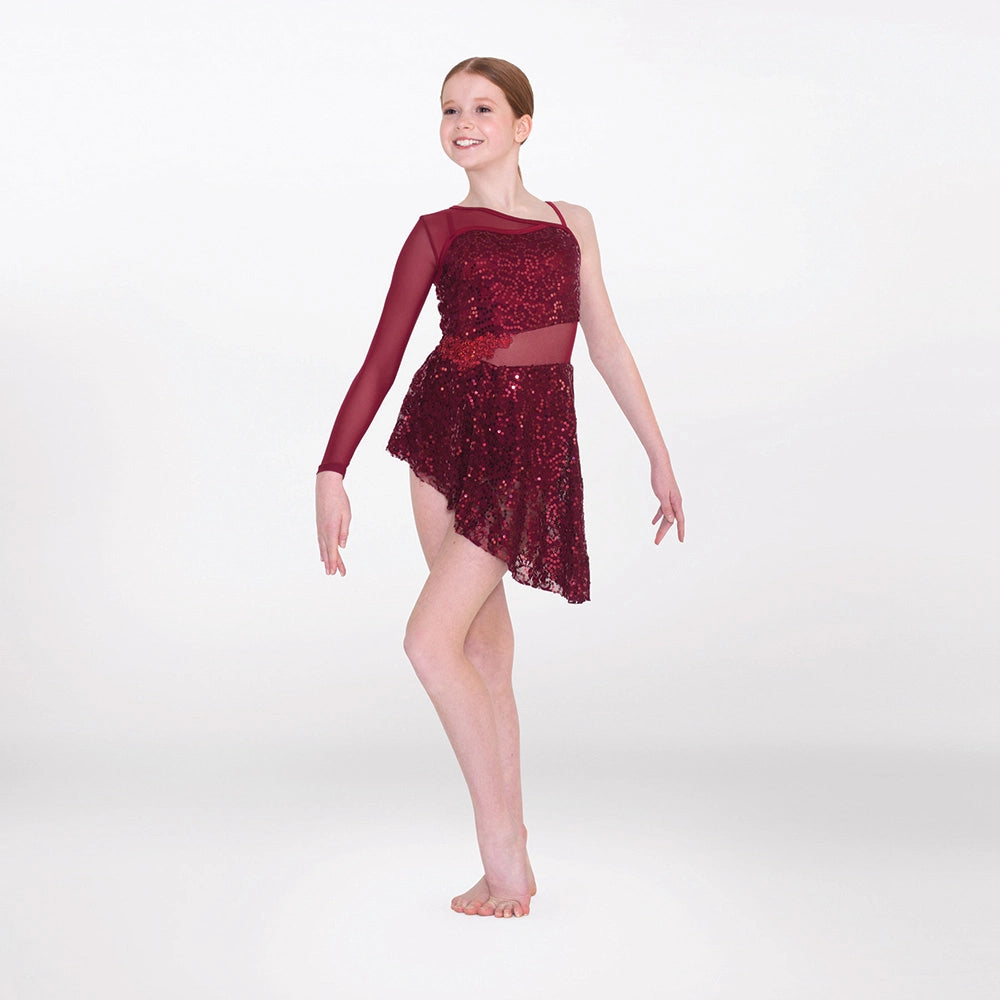 1st Position asymmetric sequin lyrical unitard with lace and mesh panels in burgundy