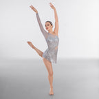 1st Position asymmetric sequin lyrical unitard with lace and mesh panels in silver