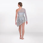 1st Position asymmetric sequin lyrical unitard with lace and mesh panels in silver