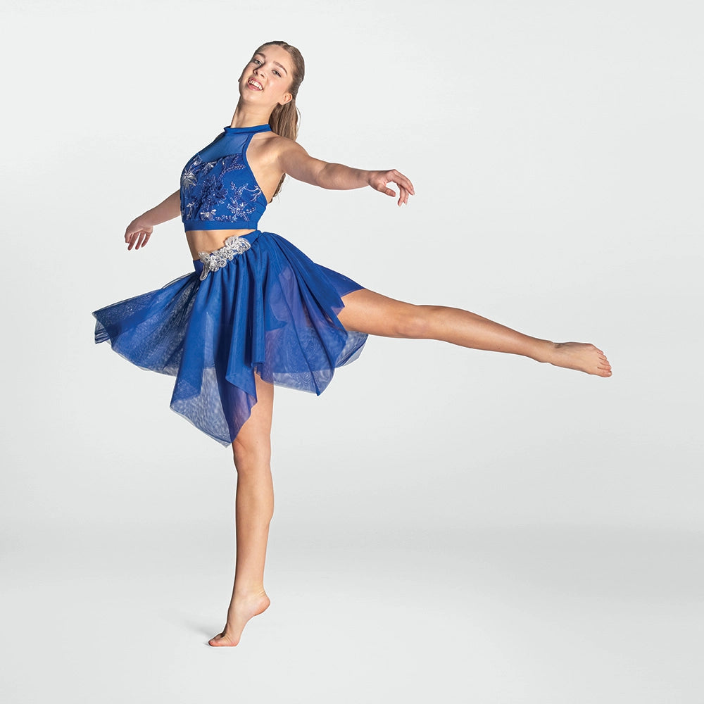 1st Position two piece lyrical dance costume with sequin crop top and handkerchief skirt