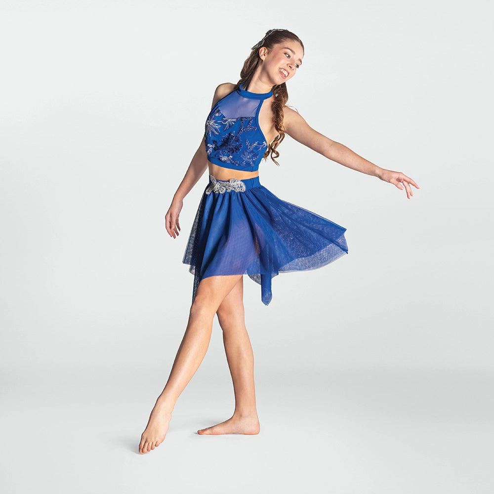1st Position two piece lyrical dance costume with sequin crop top and handkerchief skirt