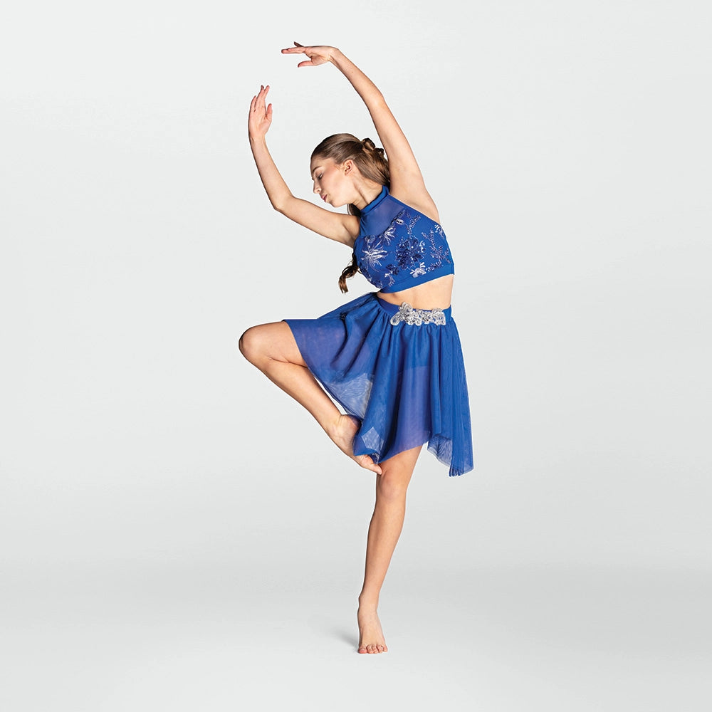 1st Position two piece lyrical dance costume with sequin crop top and handkerchief skirt