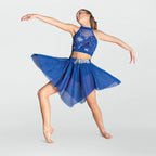 1st Position two piece lyrical dance costume with sequin crop top and handkerchief skirt