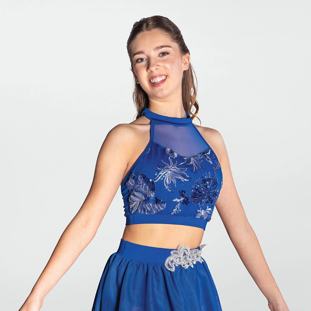 1st Position two piece lyrical dance costume with sequin crop top and handkerchief skirt